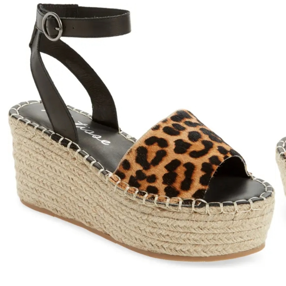 Matisse Leopard Print Espadrille Wedge Sandals with Black Ankle Strap